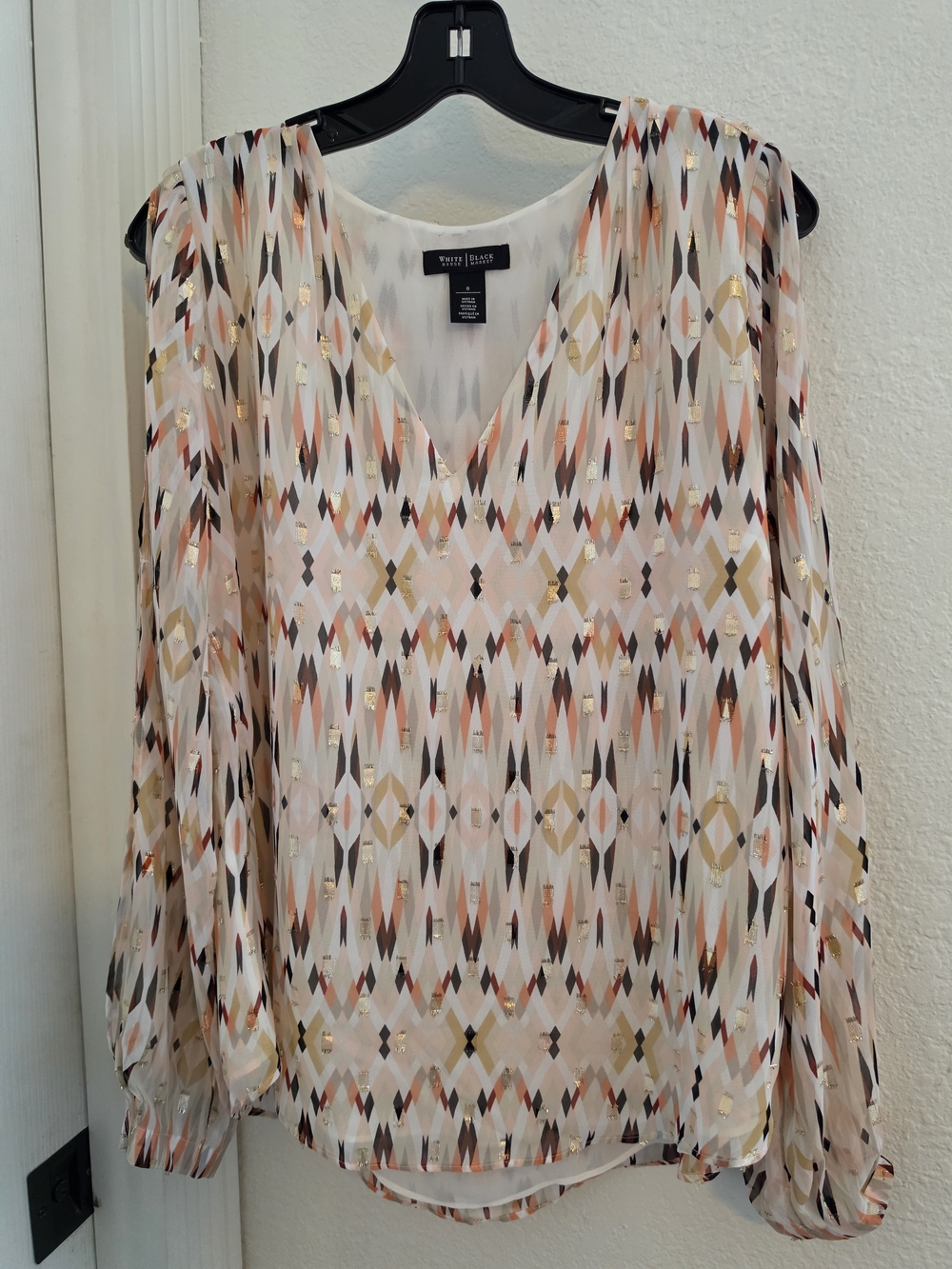 White House Black Market Peach, Gold & Black Geo V-Neck Blouse